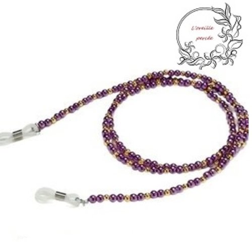 Attache lunette perles rondes mauves/dorées