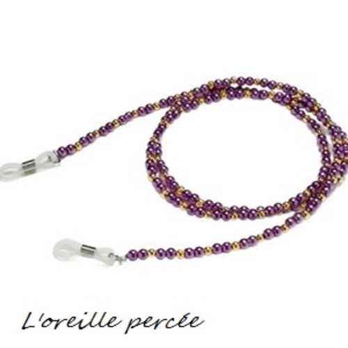 Attache lunette perles rondes mauves/dorées