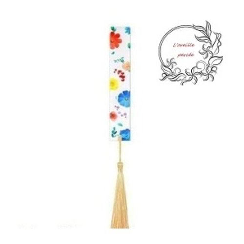 Marque page transparent fleurs muticouleurs  et son pompon jaune pâle