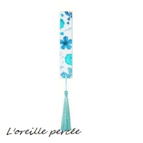 Marque page transparent fleurs ton bleues et son pompon bleu clair