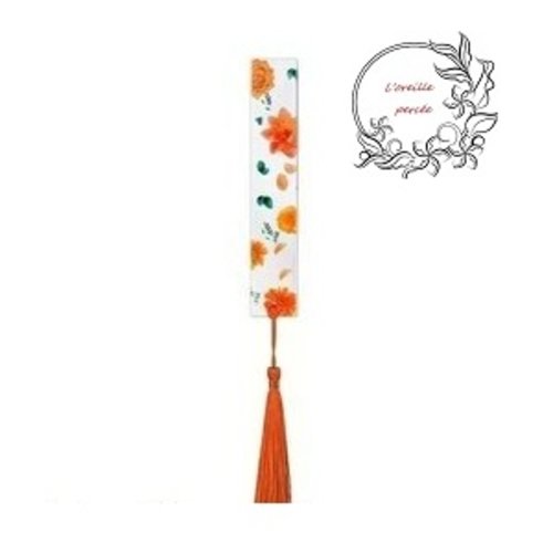 Marque page transparent fleurs oranges et son pompon orange