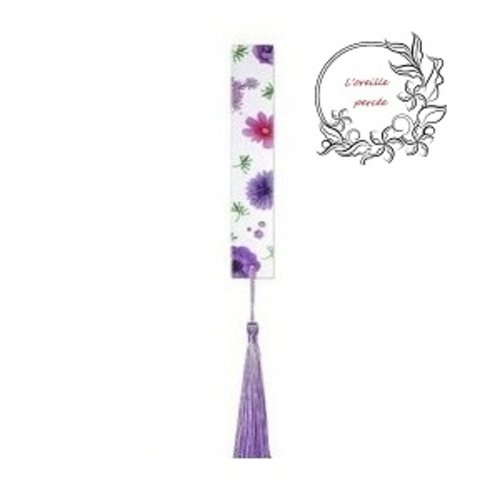 Marque page transparent fleurs mauves et roses et son pompon parme