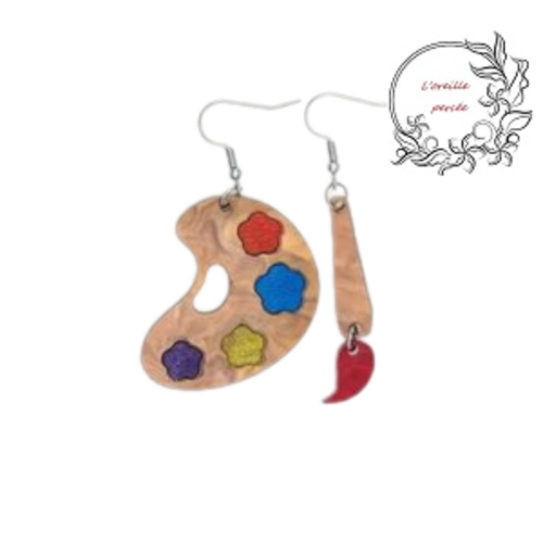 Boucle d'oreille palette de peinture et son pinceau