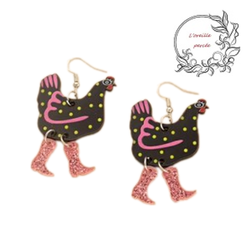 Boucle d'oreille poule noire pois blanc et ses bottes roses paillettes