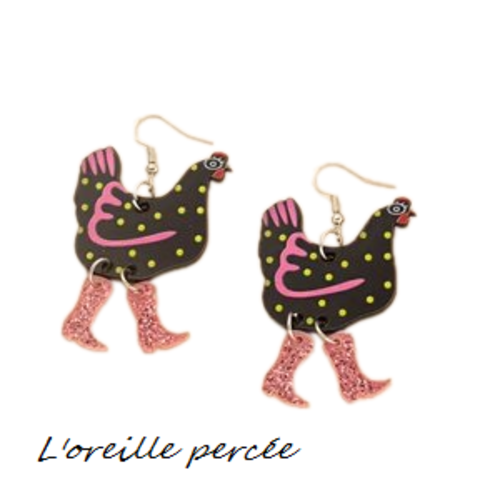 Boucle d'oreille poule noire pois blanc et ses bottes roses paillettes
