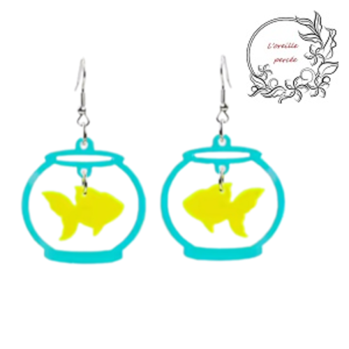 Boucle d'oreille poisson jaune fluo dans son aquarium