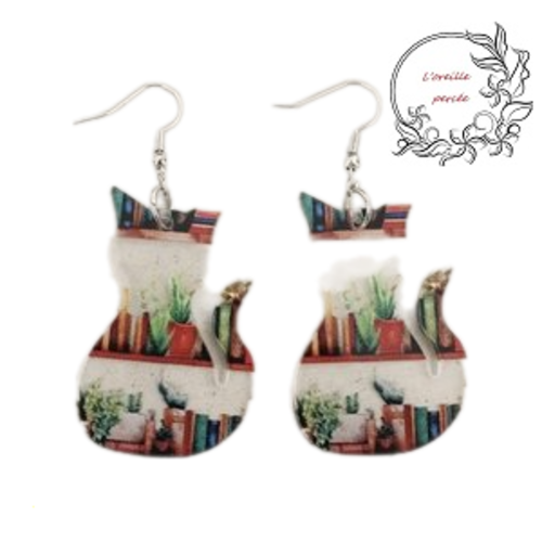 Boucle d'oreille chat bibliothèque