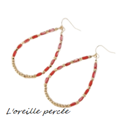 Boucle d'oreille forme larme perlée dorée/rouge