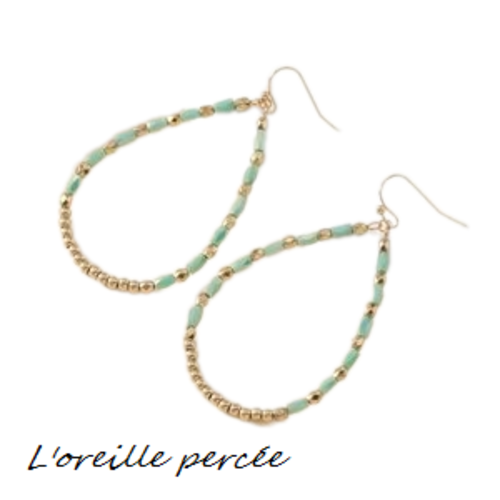 Boucle d'oreille forme larme perlée dorée/bleue