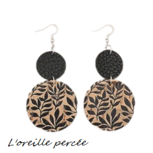 Boucle d'oreille simili cuir et liège imprimé feuille noire