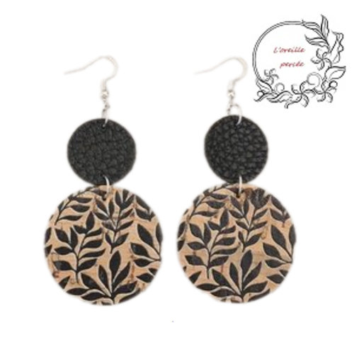 Boucle d'oreille simili cuir et liège imprimé feuille noire