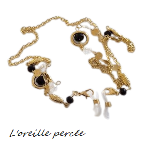 Attache lunette doré et ses perles noires