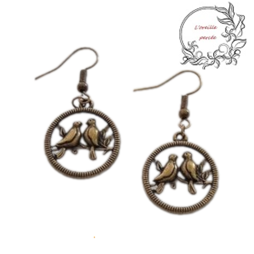 Boucle d'oreille couple d'oiseaux bronze