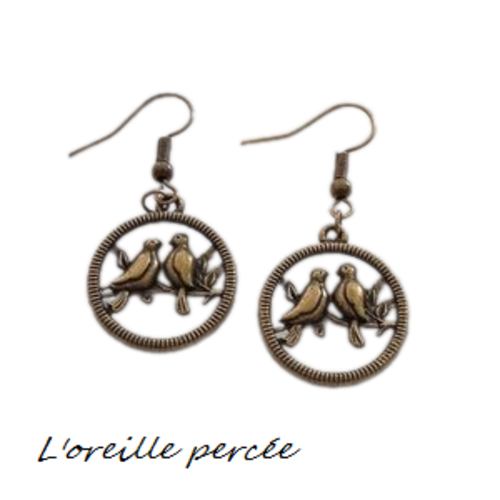 Boucle d'oreille couple d'oiseaux bronze