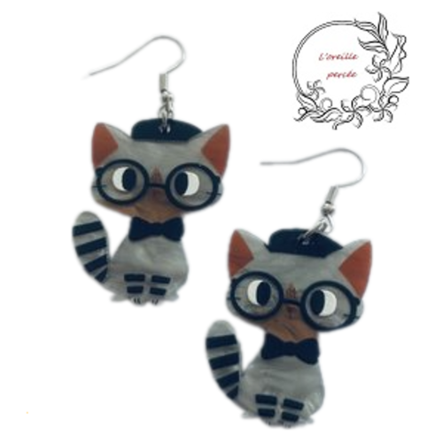 Boucle d'oreille chat et ses lunettes