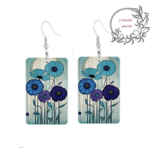 Boucle d'oreille rectangle et ses fleurs bleues
