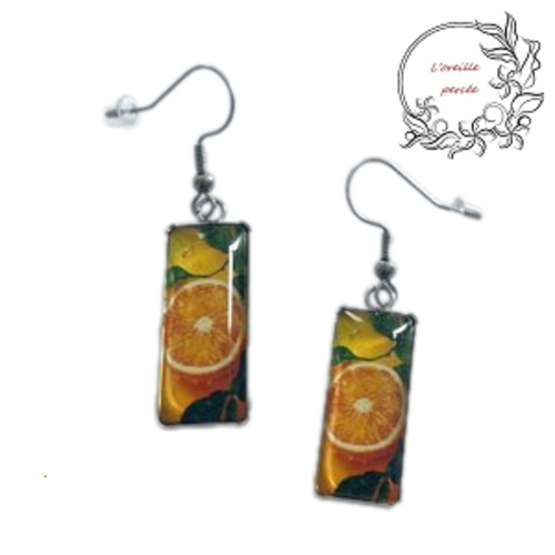 Boucle d'oreille rectangle citron et orange