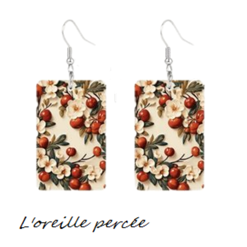 Boucle d'oreille rectangle fruits rouges fleuries