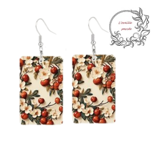 Boucle d'oreille rectangle fruits rouges fleuries