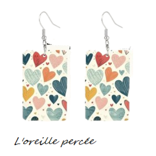 Boucle d'oreille rectangle nuée de coeur