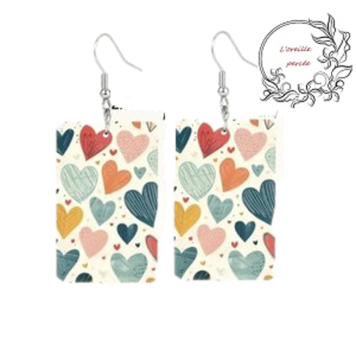 Boucle d'oreille rectangle nuée de coeur