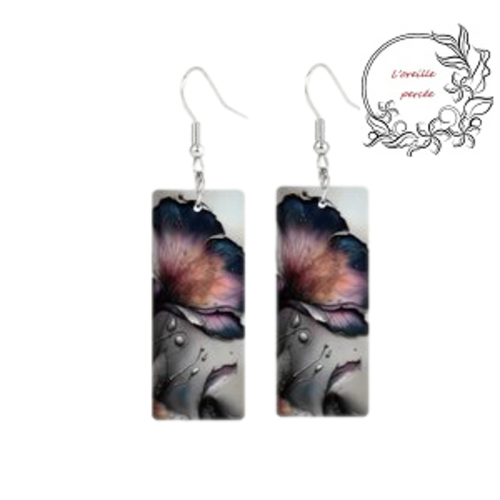 Boucle d'oreille rectangle motif fleur