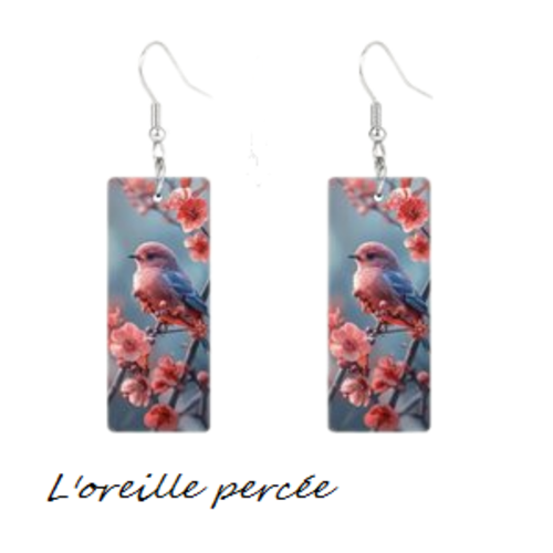 Boucle d'oreille rectangle oiseau et motif fleur