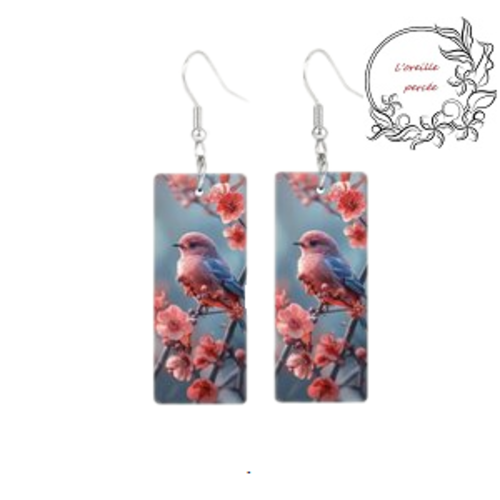 Boucle d'oreille rectangle oiseau et motif fleur