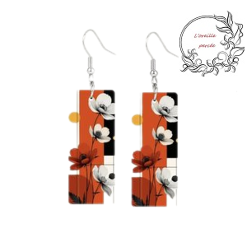 Boucle d'oreille rectangle motif fleur