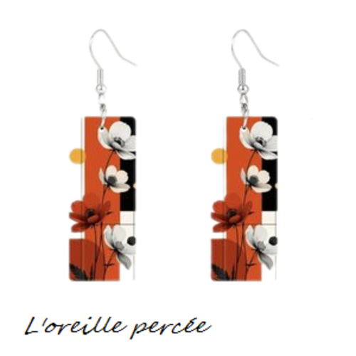 Boucle d'oreille rectangle motif fleur