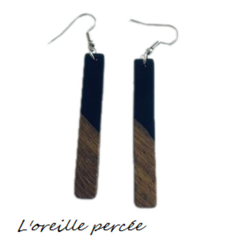 Boucle d'oreille tige bois et résine noir