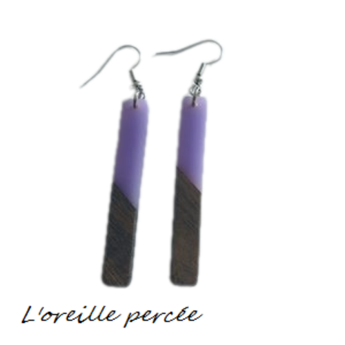 Boucle d'oreille tige bois et résine parme