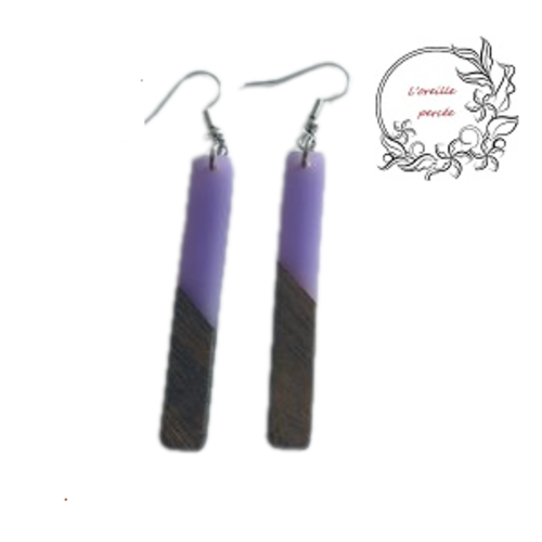 Boucle d'oreille tige bois et résine parme