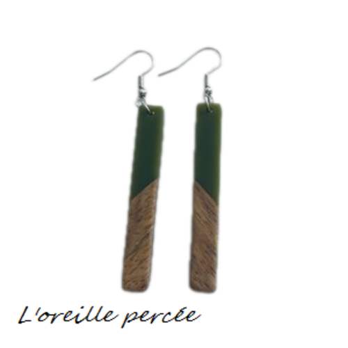 Boucle d'oreille tige bois et résine kaki