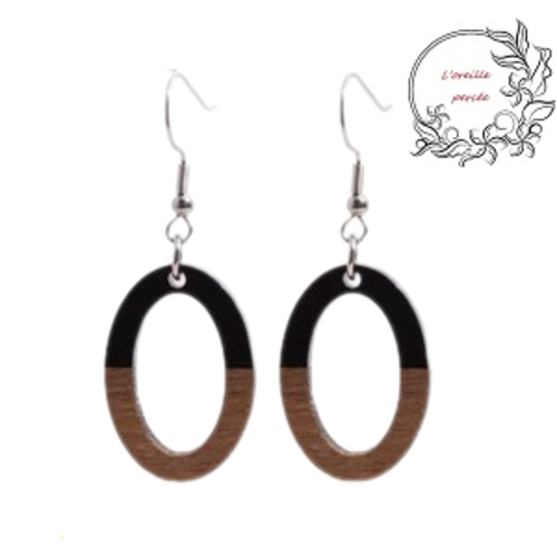 Boucle d'oreille ovale bois et résine noire
