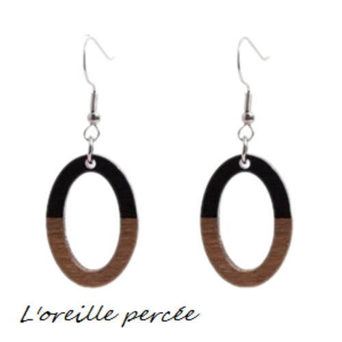 Boucle d'oreille ovale bois et résine noir