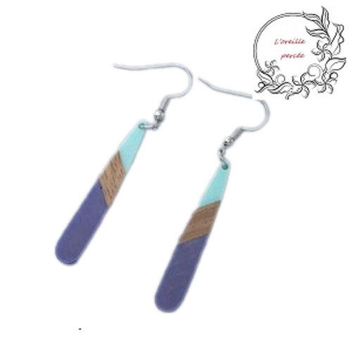 Boucle d'oreille goutte bois et résine duo de bleu