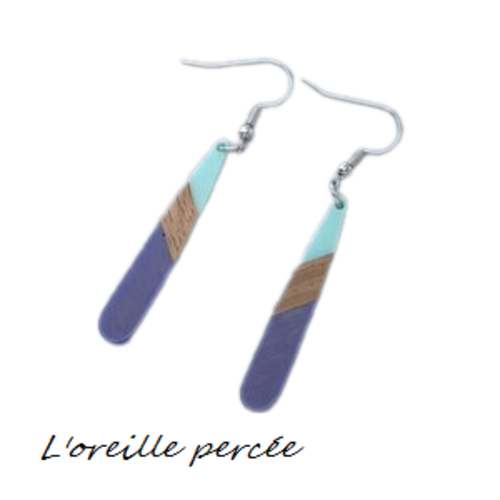 Boucle d'oreille goutte bois et résine duo de bleu
