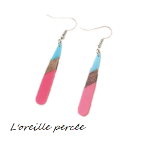 Boucle d'oreille goutte bois et résine fuschia/bleu