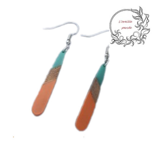 Boucle d'oreille goutte bois et résine bleu/orange
