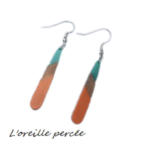 Boucle d'oreille goutte bois et résine bleu/orange