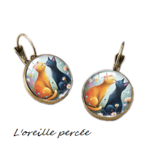 Boucle d'oreille cabochon duo de chat amoureux
