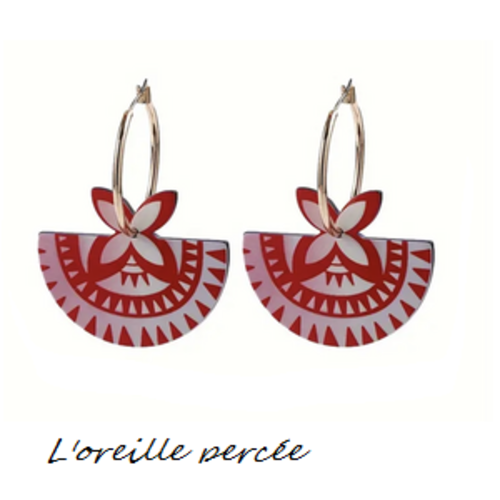 Boucle d'oreille créole éventail ton rouge