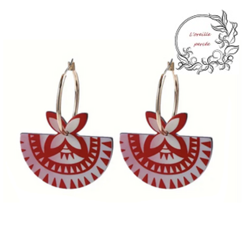 Boucle d'oreille créole éventail ton rouge