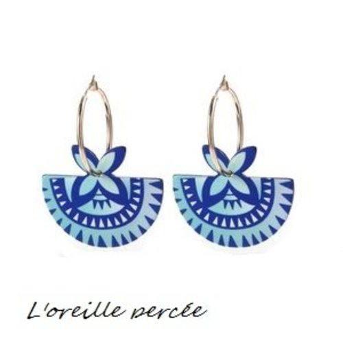 Boucle d'oreille créole éventail ton bleu