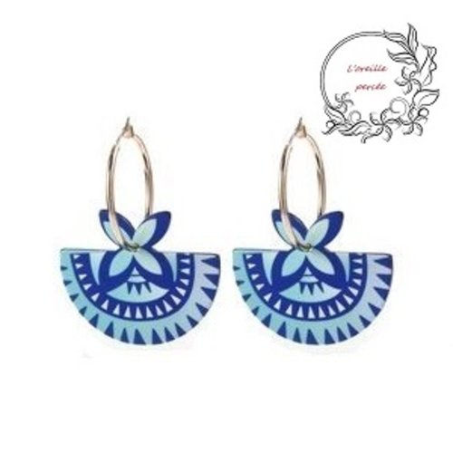 Boucle d'oreille créole éventail ton bleu