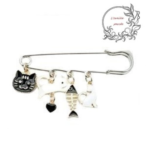 Broche épingle thème  "chat et poisson"