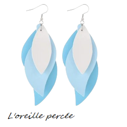 Boucle d'oreille trio de feuille bleue/blanche