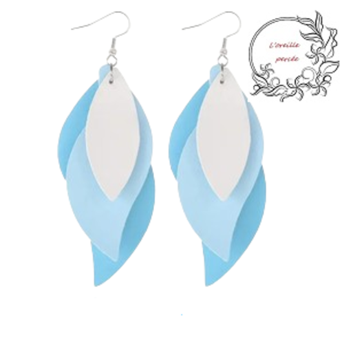 Boucle d'oreille trio de feuille bleue/blanche