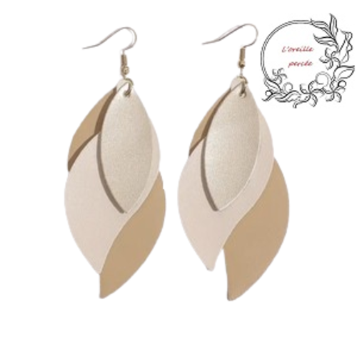 Boucle d'oreille trio de feuille beige/marron clair/dorée
